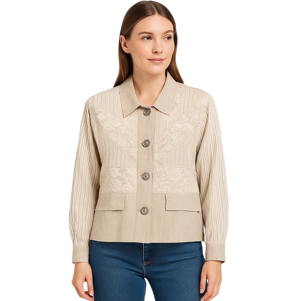 Vintage SAINT GERMAIN Paris Jacket Women Large Beige Lace Linen Blend USA 80s